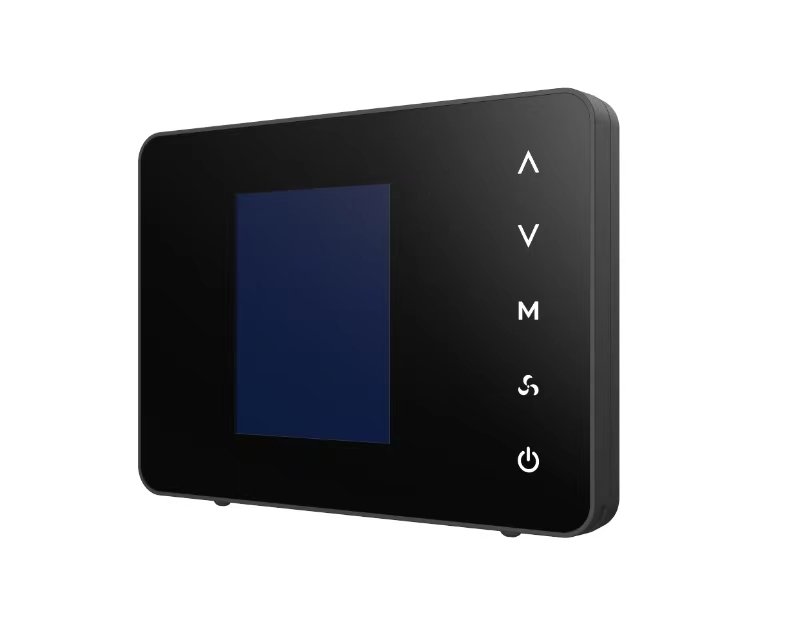 ecoAIR smart air conditioner controller — black wall-mounted touch panel with display and up, down, mode, fan and power controls